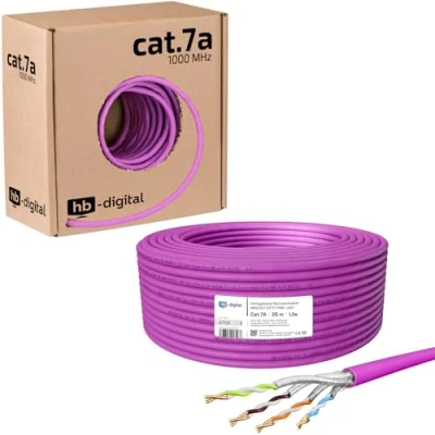Abbildung von HB DIGITAL 25m CAT.7a Netzwerkkabel LAN Kabel Verlegekabel AWG 23 Reines Kupfer S/FTP PiMF LSZH Halogenfrei RoHS Compliant Ethernet Installationskabel Datenkabel PoE 10Gbit/s max. 1200MHz Lila