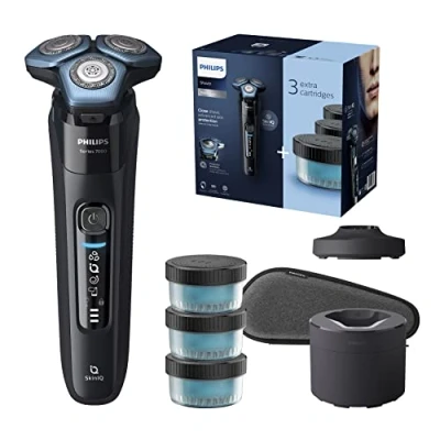 Abbildung von Philips Shaver Series 7000 Elektrischer Nass und Trockenrasierer für Herren mit ausklappbarem Trimmer, Reinigungsstation, 4 x Reinigungskartuschen, Ladestation &amp; Reiseetui (Modell S7783/63)