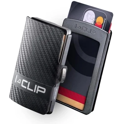 Abbildung von I CLIP Original Mini Wallet mit Geldklammer Slim Leder Geldbörse Premium Portemonnaie Kartenetui Schwarz Carbon