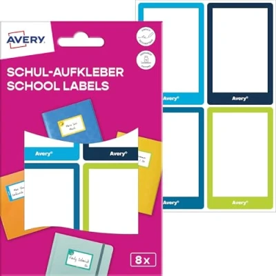 Abbildung von AVERY Zweckform SCHOOL8G Namensaufkleber Schule Kinder 8 Stück (46x72mm, Papier, selbstklebende Heftaufkleber, beschriftbare Namensetiketten, Buchetiketten für Schule, Kindergarten) bunt