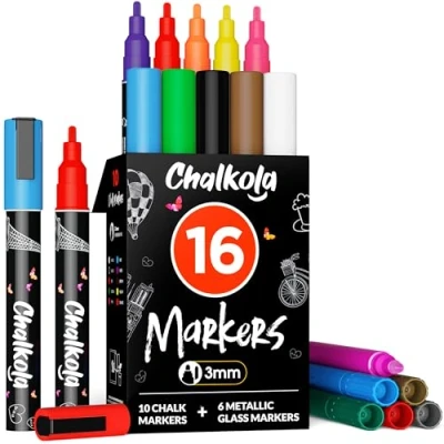 Abbildung von Chalkola 16 Kreidestifte für Tafel Abwaschbar (16 Stifte 3mm, Kreidestift) Fenster, Tafelkreide &amp; Metallic Glasstifte, Chalk Marker, Kreidemarker Abwischbar, Fensterfarben