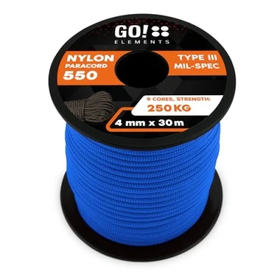 Abbildung von GO!elements 30m Paracord Seil aus reißfester Nylonschnur 4mm 550 Typ III Schnur geeignet als Allzweckseil &amp; Reepschnur Max. 250kg, Farbe: Blau