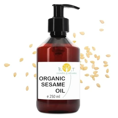 Abbildung von 100% reines und natürliches Bio Sesamöl, das aus der Kaltpressung von Sesamsamen gewonnen wird. Zertifiziert biologisch. Haut Haarpflege. Ayurveda Massageöl 250 ml