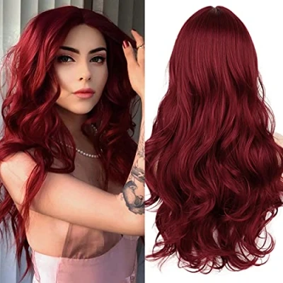 Abbildung von Lange Weinrote Lace Front Perücke Für Damen ATAYOU Mittelteile Rot Synthetische Mit Kleinem Stück Spitze 5x2 Zoll Samll Wig (Rot@596)