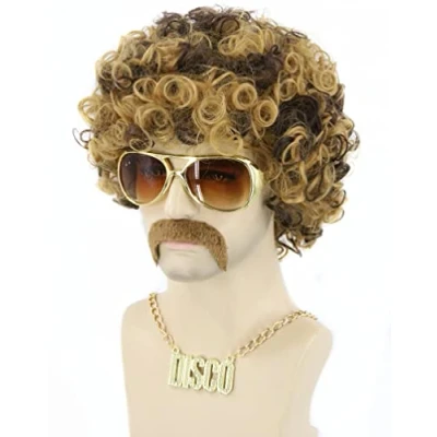 Abbildung von LeMarnia 70er Jahre Disco Dude Dirt Bag Perücke 3er Set Herren Flauschige Lustige Halloween Party Perücken Das beinhaltet Halskette und Bart