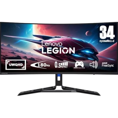 Abbildung von Lenovo Legion R34w 30 34&quot; UWQHD Curved Gaming Monitor 3440x1440 180Hz 350 nits 0,5ms Reaktionszeit VA Panel HDMI DisplayPort AMD FreeSync Premium entspiegelt 8,1kg schwarz