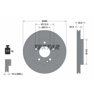 Abbildung von TEXTAR PRO 92091303 Bremsscheibe 260 22 05/06 112 innenbelüftet beschichtet ohne Radbefestigungsbolzen, Radnabe MERCEDES BENZ: A Class