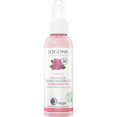 Abbildung von Bio Reichhaltige Reinigungsmilch von LOGONA mit Damaszener Rose, sanfte &amp; pflegende Reinigung, für normale und trockene Haut, Natürlich vegan, 125 ml