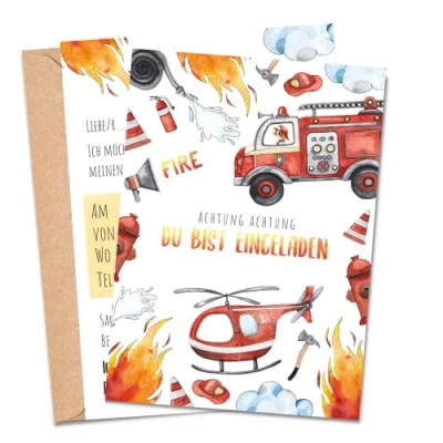 Abbildung von MeinBaby123® 10 Einladungskarten Kindergeburtstag Jungs süße Geburtstagseinladungen für Kinder Feuerwehr inkl. Briefumschläge Premium Qualität (Feuerwehr V2)