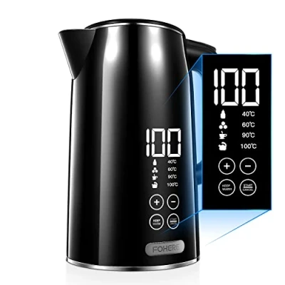 Abbildung von Wasserkocher mit Temperatureinstellung [1.7L], LCD Temperaturanzeige [von 40 C bis 100 C], FOHERE Doppelwand Schwarz, 240 Min Warmhalten, Leises und schnelles Aufheizen [2200W]