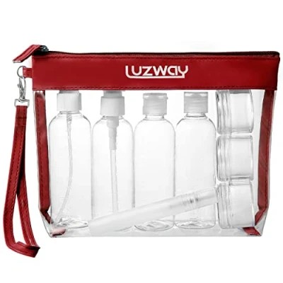 Abbildung von LUZWAY Kulturbeutel durchsichtig Flugzeug Beutel Flugzeugreiseset Transparenter mit 5 Sprühflaschen (max. 100 ml Fassungsvermögen) und 3 Flüssigkeitsbehältern (Rot)