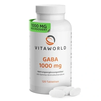 Abbildung von GABA Kapseln hochdosiert 1000mg pro Tag (120 vegane Tabletten) 4 Monatsvorrat unterstützt eine entspannte und ausgeglichene Stimmung ohne unerwünschte Zusätze, gluten , laktosefrei vitaworld