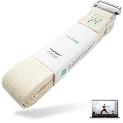 Abbildung von BACKLAXX ® Yoga Gurt Baumwolle (natur) Nachhaltiges Zubehör Set, Yogagurt 250 cm lang mit praktischem Verschluss aus Metall Set ideal für Yoga, Pilates und Dehnen inkl. Anwendungsvideo