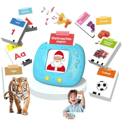 Abbildung von HOMESTEC Deutsche Sprechende Lernkarten 144 Blätter 288 Wörter, Learnspielzeug für Jungen Mädchen 2 3 4 5 6 Jahre, Gutes Spielzeug und Geschenke Kinder Weihnachten, Geburtstag, Neujahr, Blau