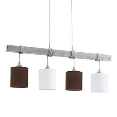 Abbildung von EGLO Pendelleuchte Townshend 2, 4 flammige Hängelampe Vintage, Hängeleuchte Holz, Stahl in Weiß Patina und Textil, Leinen Weiß, Braun, Esstischlampe, Wohnzimmerlampe hängend mit E27 Fassung