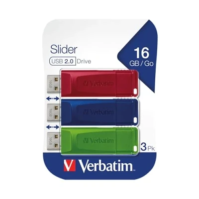 Abbildung von Verbatim Slider USB Stick Multipack 16GB, 2.0, 3x Speicherstick, für Laptop Notebook Ultrabook TV Autoradio, 2.0 Stick, Datenstick mit Schiebemechanismus, Rot Blau Grün