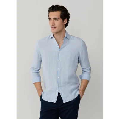 Abbildung von Hackett London für Herren. HM3010636 ESS GMD blaues Leinenhemd (L), Lässig, Langarm