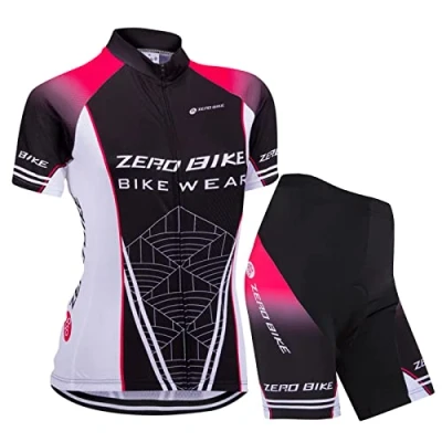 Abbildung von ZEROBIKE Damen Atmungsaktiv Schnelltrocknend Fahrradtrikot Set, Outdoor Kurzarm Radsport Shirt + 3D Gel Gepolsterte Kurze Hose Fahrradhose (Schwarzes Netz, XL)
