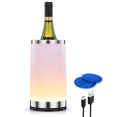 Abbildung von Elrigs Weinkühler mit Aufladebare Ambient RGB Touchlampe Flaschenkühler 2 Kühlpads für 750ml Sekt/Wein Ideal als Wein Geschenk Fraunen/Männer Zubehör Party/Abendessen