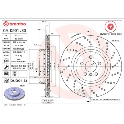 Abbildung von BREMBO 09.D901.33 Bremsscheibe 370 24 5 gelocht/innenbel., Verbundbremsscheibe beschichtet hochgekohlt mit Schrauben BMW: Saloon, Touring
