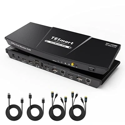 Abbildung von TESmart DisplayPort HDMI KVM Switch 2 PC Monitore, 4K60Hz Switches mit EDID Emulator, Audio Ausgang, USB2.0 für Scanner Drucker, Tastatur und Maus, Hotkey Button Umschalter Dual Monitor