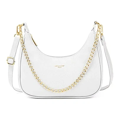 Abbildung von David Jones Damen Kleine Umhängetasche Frau Kette Schultertasche PU Leder Handtasche Kettenhenkel Crossbody Bag Trendy Tasche Mode Abendtasche Kettentasche Pochette Clutch Party Weiß