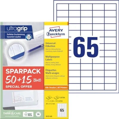Abbildung von AVERY Zweckform 6121 65 Universal Etiketten (3.250 plus 975 Klebeetiketten extra, 38x21,2mm auf A4, Papier matt, individuell bedruckbar, selbstklebende Aufkleber mit ultragrip) Blatt, weiß