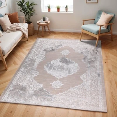 Abbildung von Surya Tangier Vintage Teppich Wohnzimmer, Esszimmer, Flur, Rugs Living Room Boho Orientalisch Style, Kurzflor Carpet Grau, Weiß und Blau 120x170cm