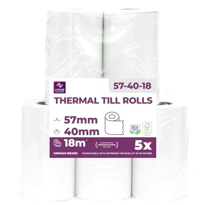 Abbildung von Ec Cash Thermorollen 57mm x 18m 12mm Kassenrollen Thermopapier Bonrollen für Bankomat Kredit Kartenlesegeräte (57x40x12) (5 Rollen)