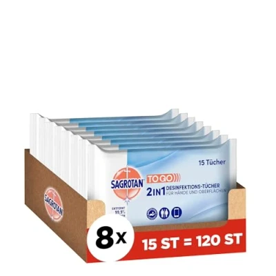 Abbildung von Sagrotan 2in1 Desinfektionstücher Zum Desinfizieren von Händen und Oberflächen 8 x 15 Feuchttücher in wiederverschließbarer Verpackung, Weiß, Ozean