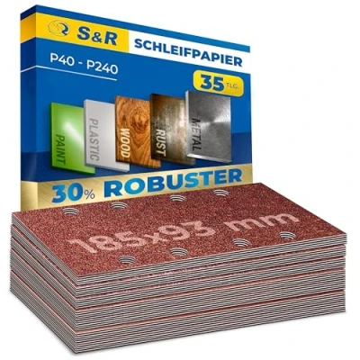 Abbildung von S&amp;R Klett Schleifpapier Profi Set 93 mm x 185 mm, 35 St. Schleifblätter, 5 Körnungen P40, P60, P80, 10 P120, P240, Schleifstreifen für Schleifmaschine
