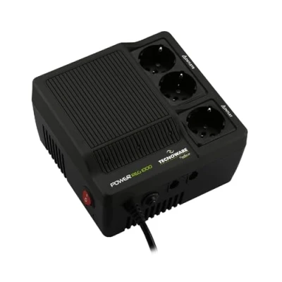 Abbildung von Tecnoware PowerReg 1000VA Schutz vor Spannungsschwankungen, Einphasiger Spannungsregler für TV, HiFi, Drucker, Hohe Stabilisierungsgeschwindigkeit, SCHUKO Anschlüsse, Schwarz