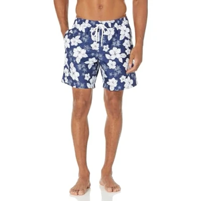 Abbildung von Amazon Essentials Herren Badehose, Schnell Trocknend, 18 cm, Marineblau Hibiskusblume, L