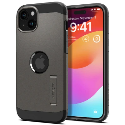 Abbildung von Apple iPhone 15 Hülle MagSafe Kunststoff Spigen Hard Case/Backcover Handyhülle Grau