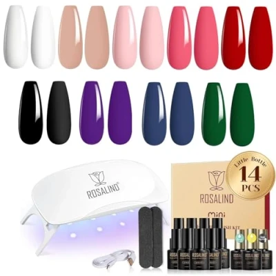 Abbildung von ROSALIND Gelnägel Starterset 14 Stück Gel Nagellack mit UV Lampe Schwarz Weiß Rot Nude Rosa Set Maniküre
