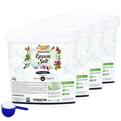 Abbildung von Nortembio Epsom Salz 4x6 Kg. Konzentrierte Quelle von Natürlichem Magnesium. 100% Reines Badesalz, Keine Zusatzstoffe. Muskelentspannung und Guter Schlaf. Inklusive E Book.