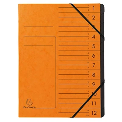 Abbildung von Exacompta 541204E Premium Ordnungsmappe geheftet. Aus extra starkem Colorspan Karton DIN A4 12 schwarze Fächer und 2 Gummizüge mit Organisationsdruck Ringmappe Register Mappe orange