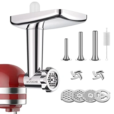 Abbildung von Edelstahl Fleischwolf Aufsatz für Kitchenaid Zubehör, Hohe Qualität Kitchen aid zubehör set mit 3 Wurstfüllhörner 2 Schleifklingen 5 Mahlscheibe