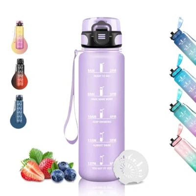 Abbildung von Trinkflasche 1l, Sport, Auslaufsicher, Kann mit Dir Tragen, Uhrzeit, Motivational Wasserflasche, Trinkflaschen für Running, Camping, Wandern, Yoga, Lila
