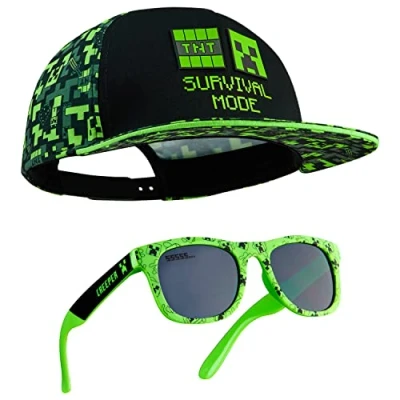 Abbildung von Minecraft Basecap Kinder Jungen Set Snapback Cap und Sonnenbrille UV Schutz Creeper Sonnenschutz Kappe Geschenke Jungs (6 14 Jahre, Schwarz/Grün)