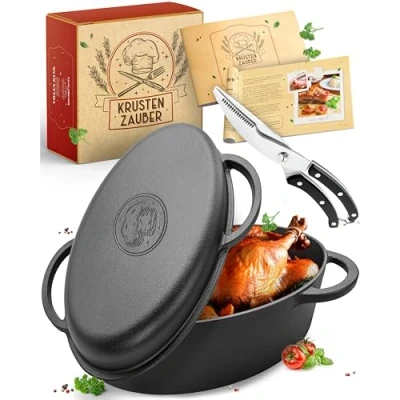 Abbildung von KRUSTENZAUBER 38cm Gusseisen Bräter mit Deckel backofengeeignet inkl. Geflügelschere 9kg Gänsebräter Idealer Topf XXL, Schmortopf Bratentopf, Induktion, Gusseisenpfanne