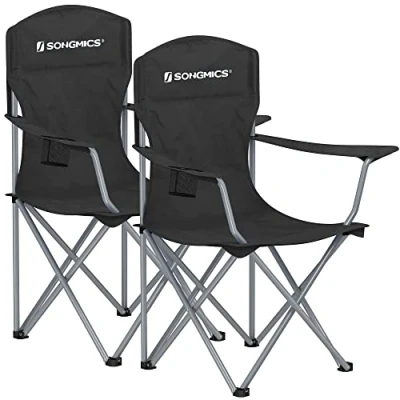 Abbildung von SONGMICS Campingstuhl 2er Set, Klappstuhl Outdoor, Angelstuhl, hohe Rückenlehne, Armlehnen, Getränkehalter, klappbar, bis 150 kg belastbar, Camping Garten Terrasse, schwarz GCB08BK