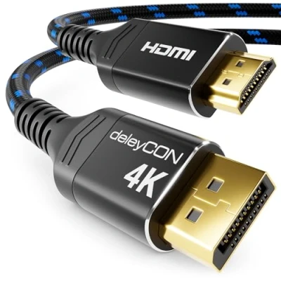 Abbildung von deleyCON 1,5m 4K DisplayPort auf HDMI Kabel mit Aluminium Stecker 4K@60Hz (SDR) 4K@30Hz (HDR) DP Anschlusskabel Kompatibel AMD NVIDIA PC Computer Monitor Beamer Projektor