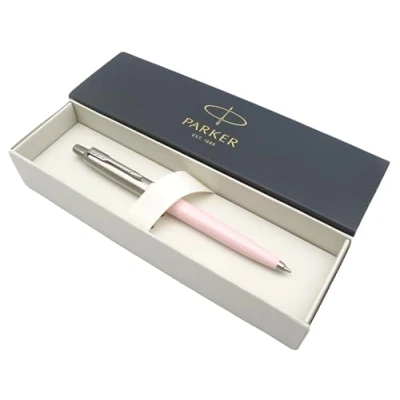 Abbildung von Parker Jotter Edelstahl Kugelschreiber Babyrosa Pastell Finish blaue Tinte Geschenkbox