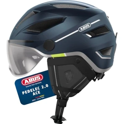 Abbildung von ABUS Stadthelm Pedelec 2.0 ACE Fahrradhelm mit Rücklicht, Visier, Regenhaube, Ohrenschutz für Damen und Herren Blau Matt, Größe L
