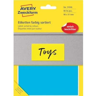 Abbildung von AVERY Zweckform Art. 51046 Bunte Etiketten, selbstklebend (90 farbige Aufkleber, 98x51mm, Klebeetiketten in 5 verschiedenen Farben, handbeschriftbare Umzugsaufkleber, permanent haftend) 30 Blatt