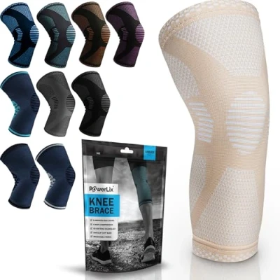 Abbildung von POWERLIX Kniebandage für Damen/Männer, Kompression Kniestütze Meniskusriss, Arthritis, Linddert Kniescherzen, ACL, Laufen, Gewichtheben, Basketball, Volleyball, Sport, Beige, M