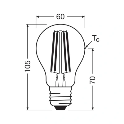 Abbildung von Osram Energy Class LED Lampe in klassischer Kolbenform, 2.2 W / 470 lm, EEK A, kaltweißes Licht (4000 K), CRI 80, aus klarfarbenem bleifreiem Glas, E27 Sockel, IP20, 60 mm Durchmesser.