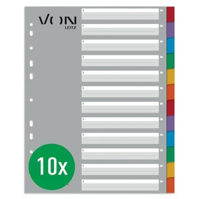 Abbildung von VON Leitz 10er Pack 12 teiliges Register A4, Blanko Trennblätter für Ordner, Extra breit, 100 % Recycling Karton, 11 Loch Universalregister, Mehrfarbig, 13010000