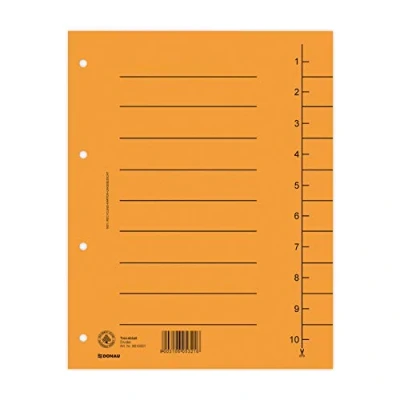 Abbildung von DONAU 8610001 12 100er Pack Trennblätter, Farbe: Orange/ Karton Register überbreit Aus Recycling 250 g/qm mit Linienaufdruck für DIN A4 4 Fach Lochung Trennlaschen Trennblätter Ordner